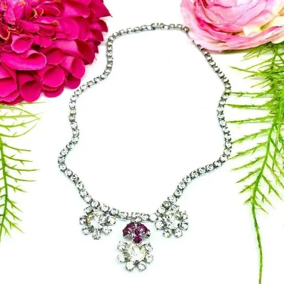 VINTAGE⚜️ANTIQUE Austrian Crystal Pavé Cluster Necklace - Picture 3 of 8